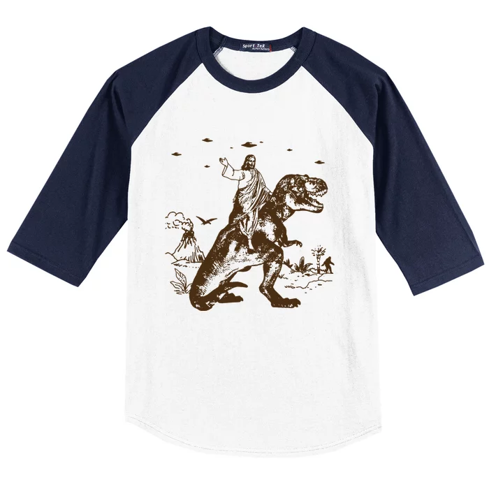 Jesus Riding Dinosaur Ufo Funny Baseball Sleeve Shirt