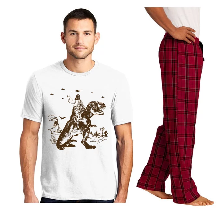 Jesus Riding Dinosaur Ufo Funny Pajama Set