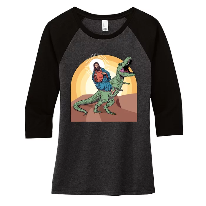 Jesus Riding Dinosaur Women's Tri-Blend 3/4-Sleeve Raglan Shirt