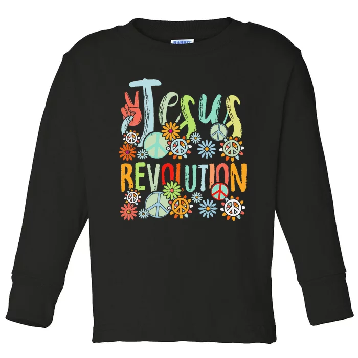 Jesus Revolution Faith Retro Groovy Flower Peace Sign Toddler Long Sleeve Shirt