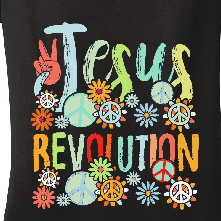 Jesus Revolution Faith Retro Groovy Flower Peace Sign Women's V-Neck T-Shirt