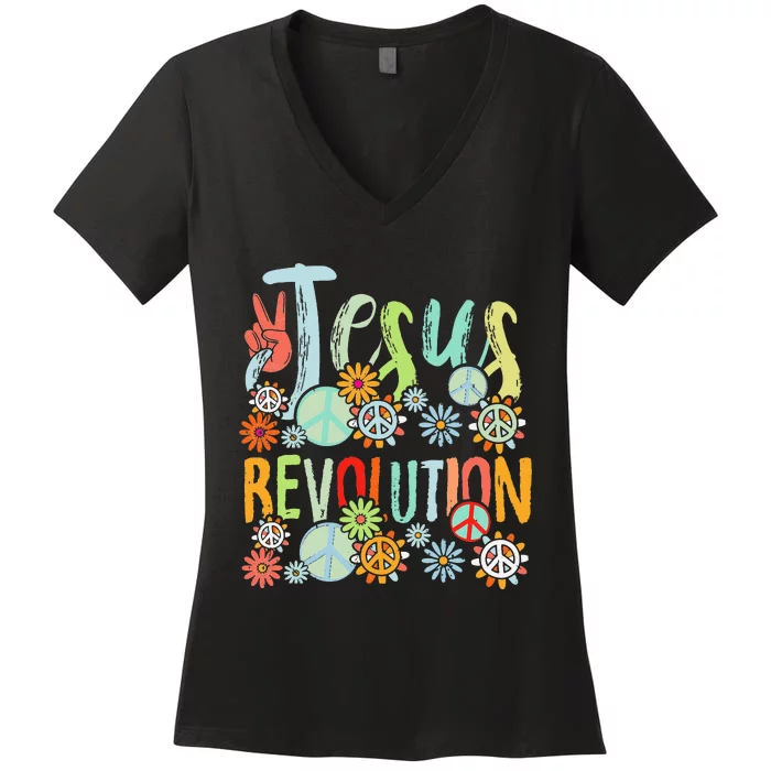 Jesus Revolution Faith Retro Groovy Flower Peace Sign Women's V-Neck T-Shirt