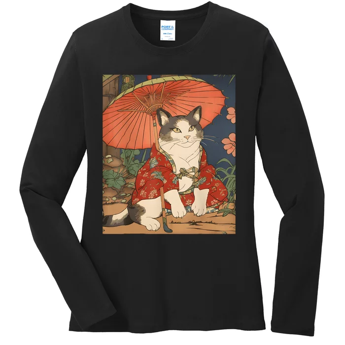 Japanese Retro Geisha Cat Neko Vintage Art Ukiyoe Ladies Long Sleeve Shirt