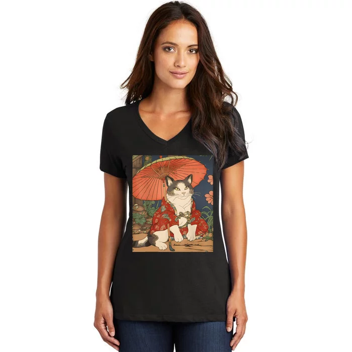 Japanese Retro Geisha Cat Neko Vintage Art Ukiyoe Women's V-Neck T-Shirt