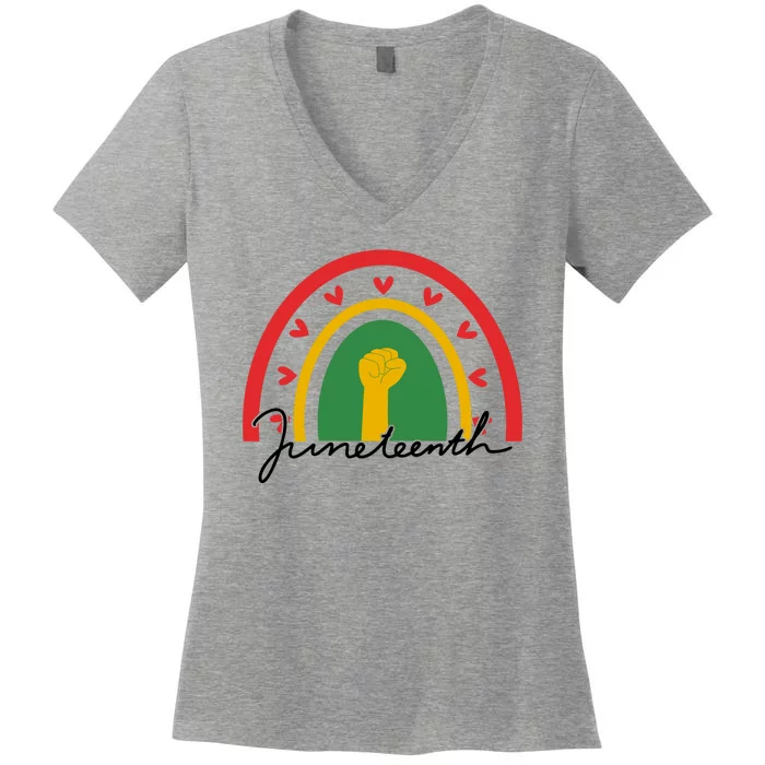 Juneteenth Rainbow Heart Fist Women's V-Neck T-Shirt