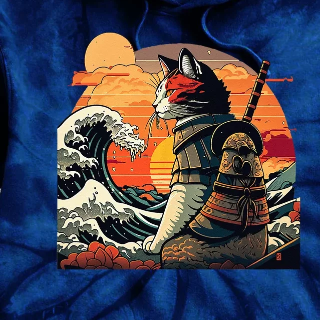 Japanese Retro Samurai Cat The Great Wave By Hokusai Tie Dye Hoodie