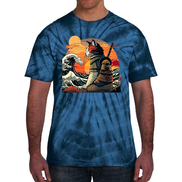 Japanese Retro Samurai Cat The Great Wave By Hokusai Tie-Dye T-Shirt