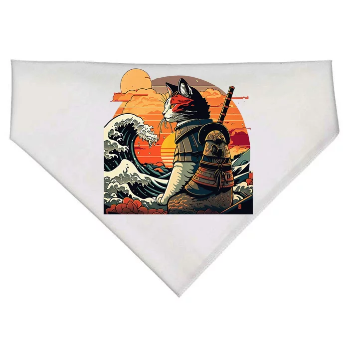 Japanese Retro Samurai Cat The Great Wave By Hokusai USA-Made Doggie Bandana