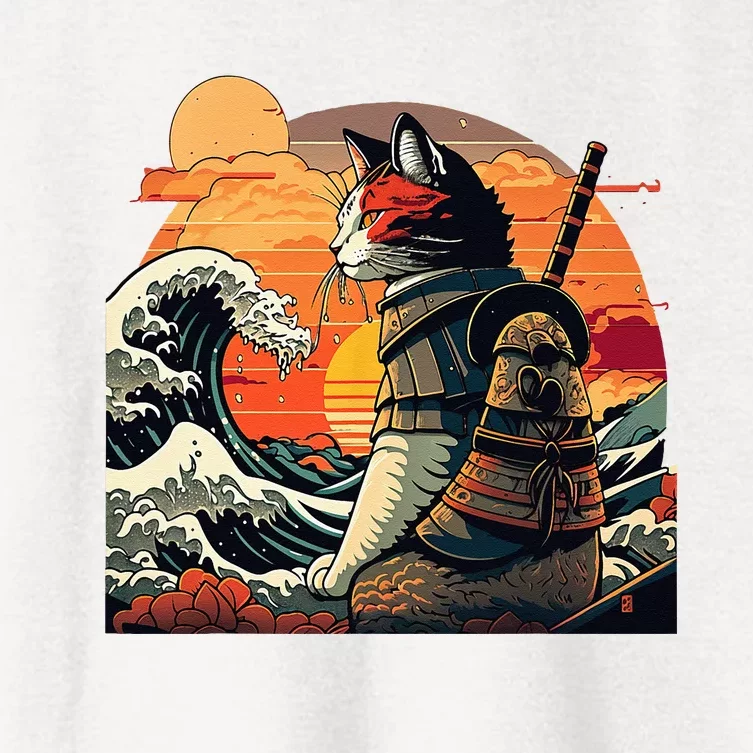 Japanese Retro Samurai Cat The Great Wave By Hokusai Women's Crop Top Tee