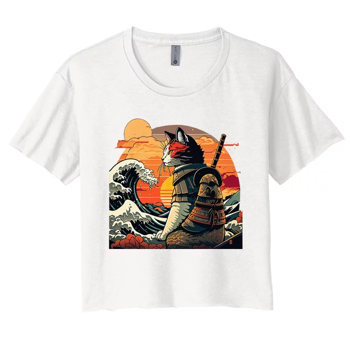 Japanese Retro Samurai Cat The Great Wave By Hokusai Women's Crop Top Tee