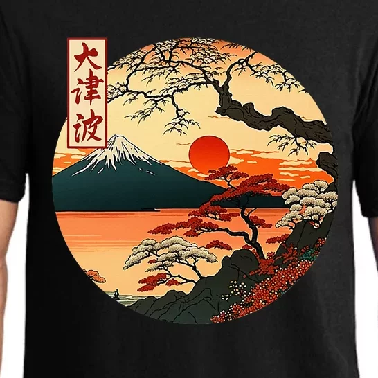 Japanese Red Sunset And Mountain Fuji Kanji Pajama Set