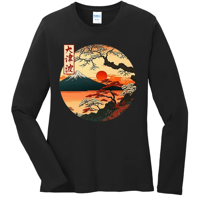 Japanese Red Sunset And Mountain Fuji Kanji Ladies Long Sleeve Shirt