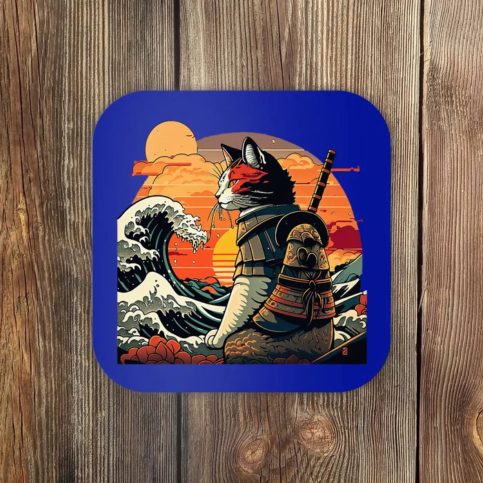 Japanese Retro Samurai Cat The Great Wave By Hokusai Coaster