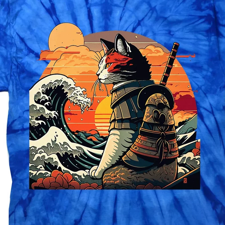 Japanese Retro Samurai Cat The Great Wave By Hokusai Tie-Dye T-Shirt