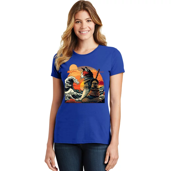 Japanese Retro Samurai Cat The Great Wave By Hokusai Women's T-Shirt