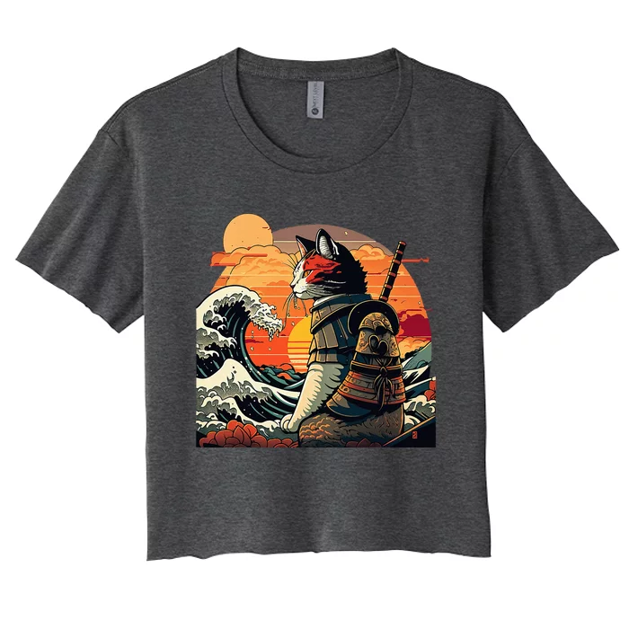 Japanese Retro Samurai Cat The Great Wave By Hokusai Women's Crop Top Tee