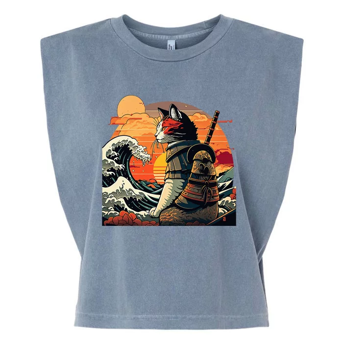 Japanese Retro Samurai Cat The Great Wave By Hokusai Garment-Dyed Women's Muscle Tee