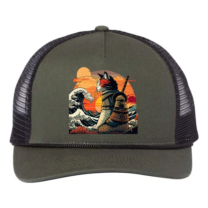 Japanese Retro Samurai Cat The Great Wave By Hokusai Retro Rope Trucker Hat Cap