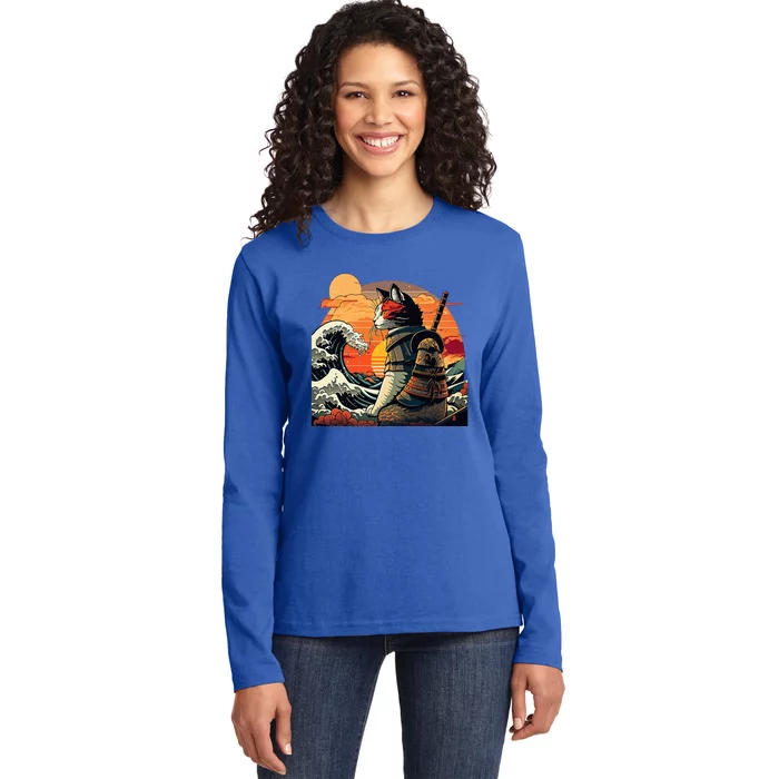 Japanese Retro Samurai Cat The Great Wave By Hokusai Ladies Long Sleeve Shirt