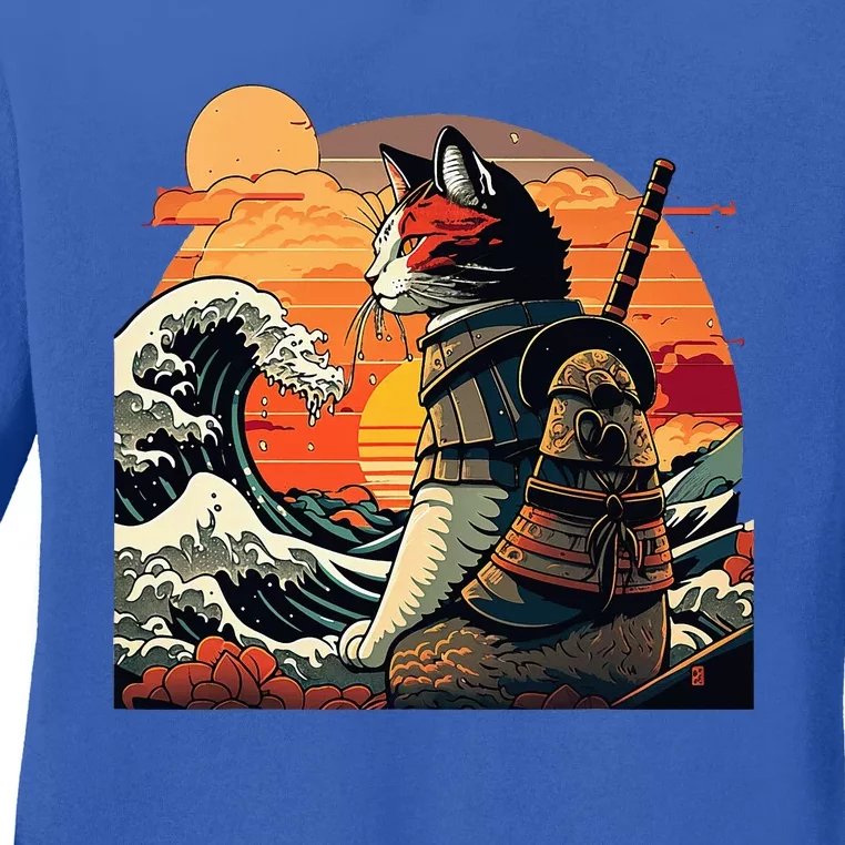 Japanese Retro Samurai Cat The Great Wave By Hokusai Ladies Long Sleeve Shirt