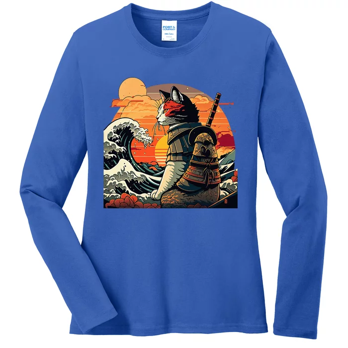 Japanese Retro Samurai Cat The Great Wave By Hokusai Ladies Long Sleeve Shirt