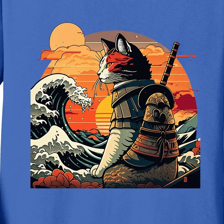 Japanese Retro Samurai Cat The Great Wave By Hokusai Kids Long Sleeve Shirt