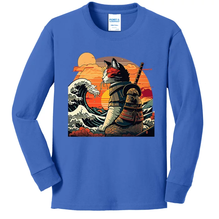 Japanese Retro Samurai Cat The Great Wave By Hokusai Kids Long Sleeve Shirt