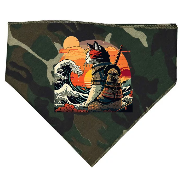 Japanese Retro Samurai Cat The Great Wave By Hokusai USA-Made Doggie Bandana