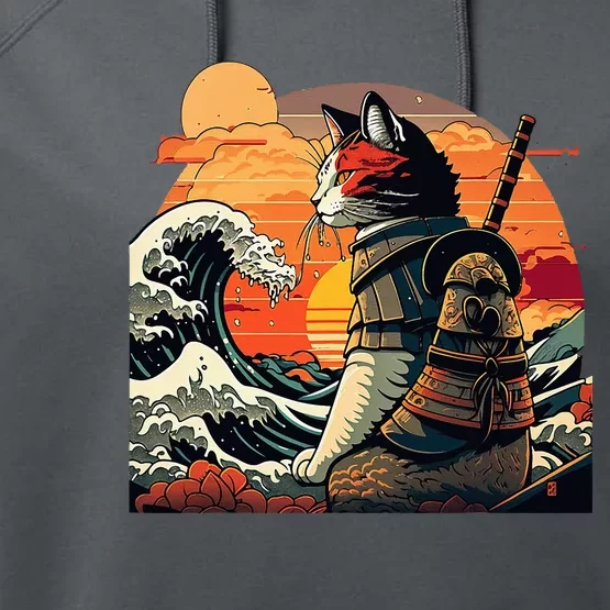 Japanese Retro Samurai Cat The Great Wave By Hokusai Performance Fleece Hoodie