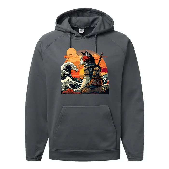 Japanese Retro Samurai Cat The Great Wave By Hokusai Performance Fleece Hoodie