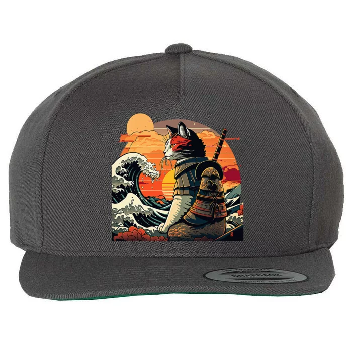 Japanese Retro Samurai Cat The Great Wave By Hokusai Wool Snapback Cap