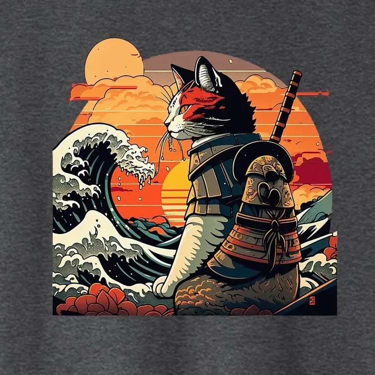 Japanese Retro Samurai Cat The Great Wave By Hokusai Women's Crop Top Tee