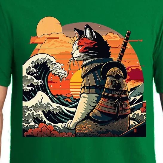 Japanese Retro Samurai Cat The Great Wave By Hokusai Pajama Set