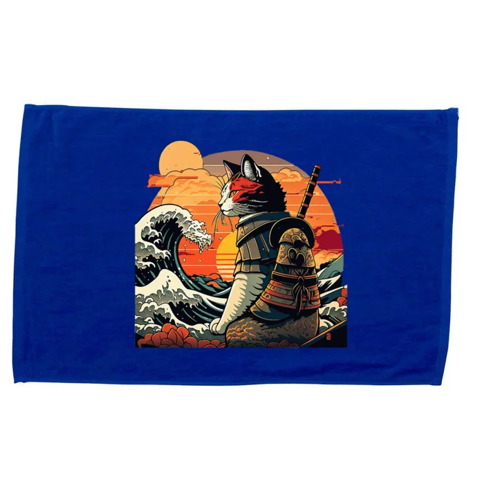 Japanese Retro Samurai Cat The Great Wave By Hokusai Microfiber Hand Towel