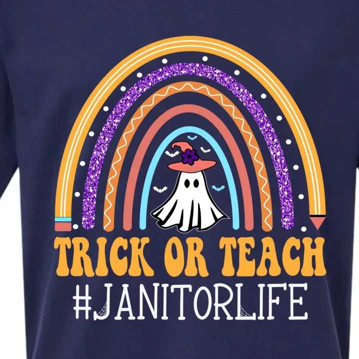 Janitor Rainbow Trick Or Teach Funny Ghost Halloween Gift Sueded Cloud Jersey T-Shirt