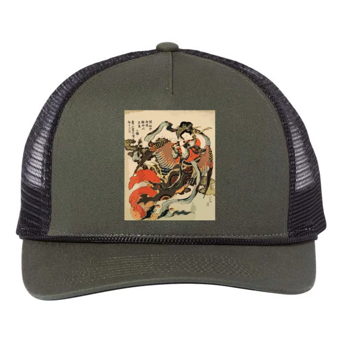 Japanese Retro Vintage Artwork Tengu Goddess Playing Flute Retro Rope Trucker Hat Cap