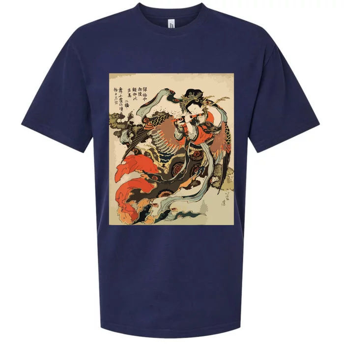 Japanese Retro Vintage Artwork Tengu Goddess Playing Flute Sueded Cloud Jersey T-Shirt