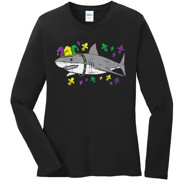 Jester Shark Animal Lover Funny Mardi Gras Carnival Ladies Long Sleeve Shirt