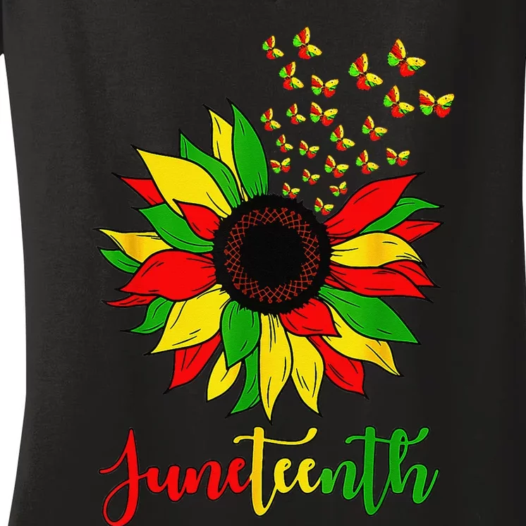 Juneteenth Sunflower Butterflies Afro American Freedom Day Women's V-Neck T-Shirt