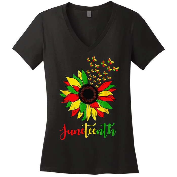 Juneteenth Sunflower Butterflies Afro American Freedom Day Women's V-Neck T-Shirt