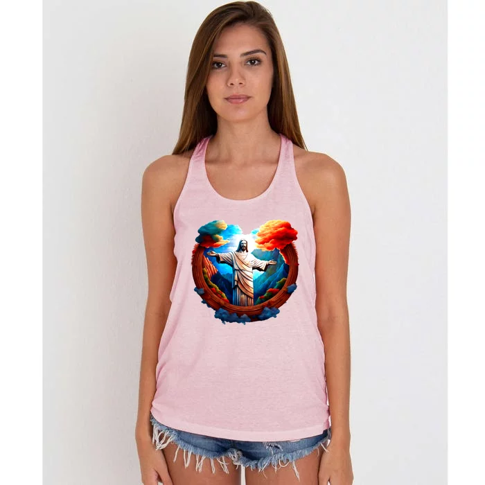 Jesus Surrounded By Nature Women's Knotted Racerback Tank