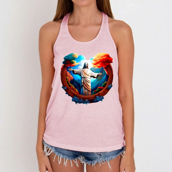 Jesus Surrounded By Nature Women's Knotted Racerback Tank