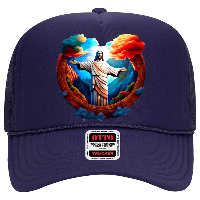 Jesus Surrounded By Nature High Crown Mesh Trucker Hat