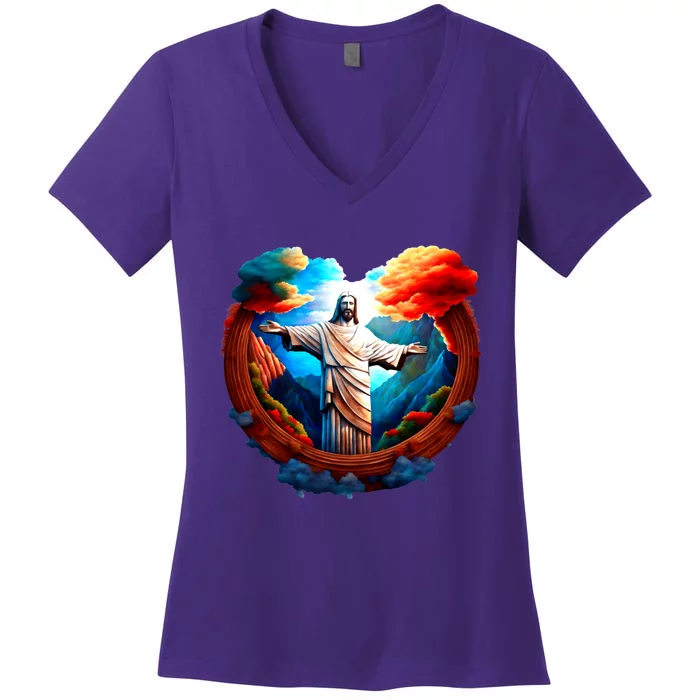 Jesus Surrounded By Nature Women's V-Neck T-Shirt