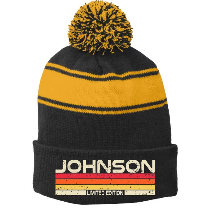 Johnson Surname Birthday Family Reunion 80s 90s Sunset Stripe Pom Pom Beanie