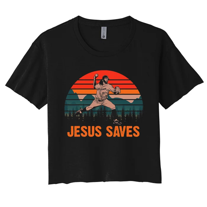 Jesus Saves Baseball Pitcher Vintage Retro 80s Women's Crop Top Tee