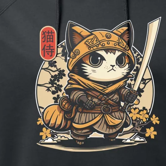 Japanese Samurai Cat Tattoo Kawaii Ninja Cat Performance Fleece Hoodie