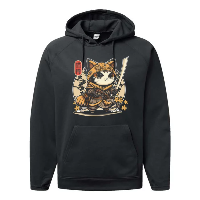 Japanese Samurai Cat Tattoo Kawaii Ninja Cat Performance Fleece Hoodie