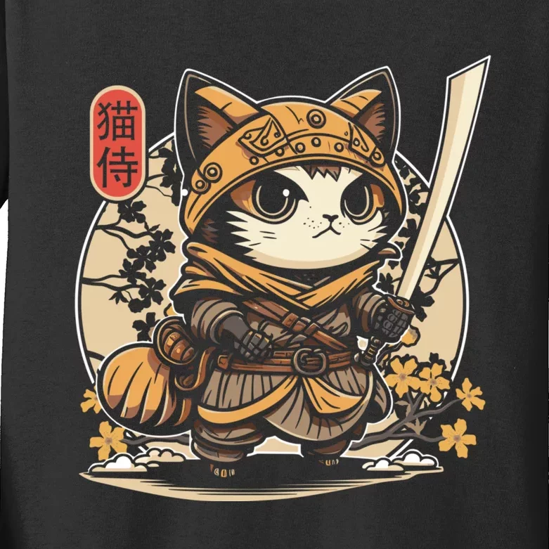 Japanese Samurai Cat Tattoo Kawaii Ninja Cat Kids Long Sleeve Shirt