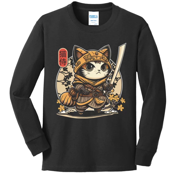 Japanese Samurai Cat Tattoo Kawaii Ninja Cat Kids Long Sleeve Shirt